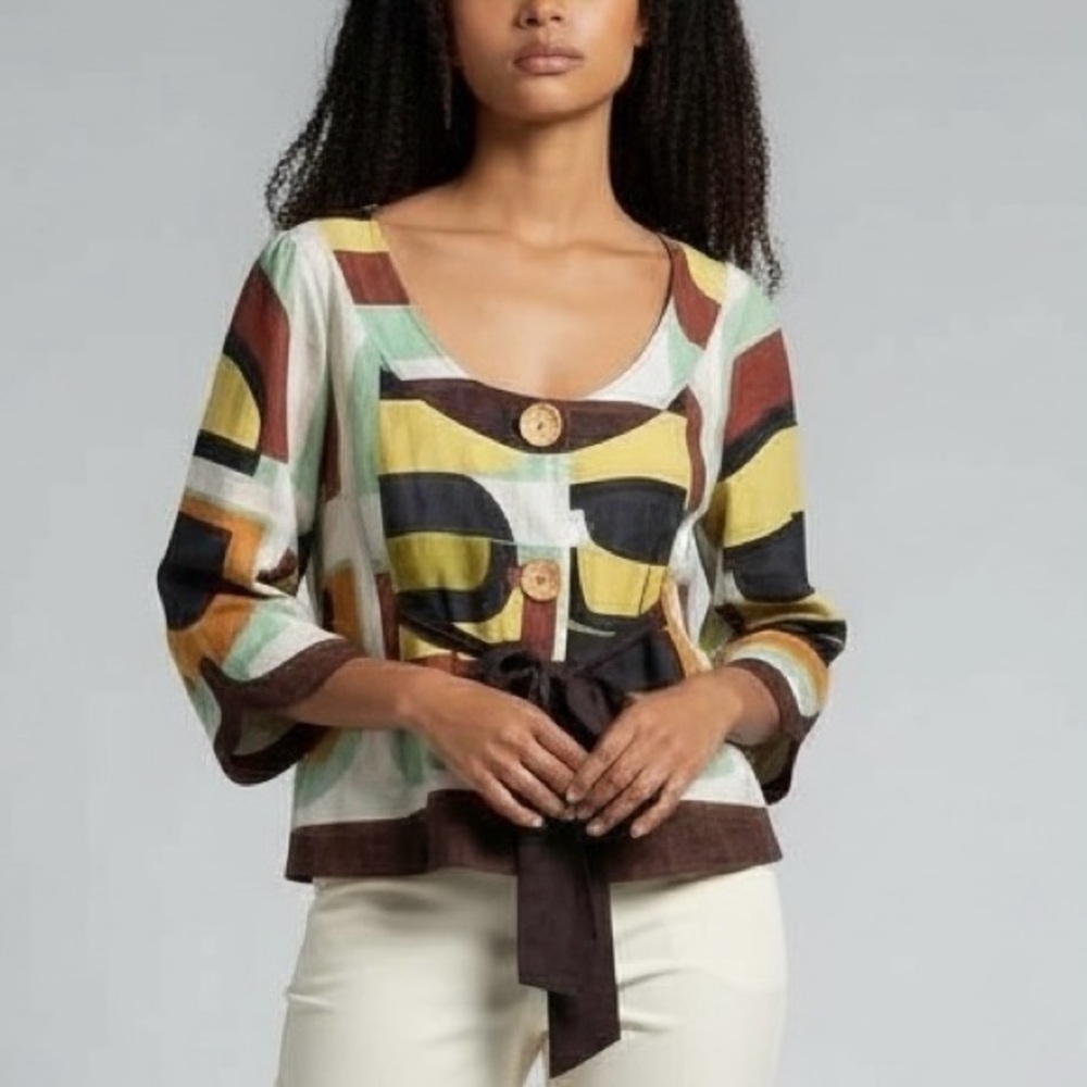 ANTHROPOLOGIE ELEVENSES Linen Crop Blazer Jacket Geometric Print Tie Front Sz 14